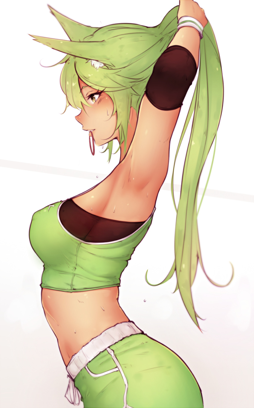 1girl animal_ears armpits arms_up bluefield elbow_pads fox_girl green_eyes green_hair hair_tie_in_mouth highres mouth_hold original shorts sports_bra sweat tank_top tying_hair