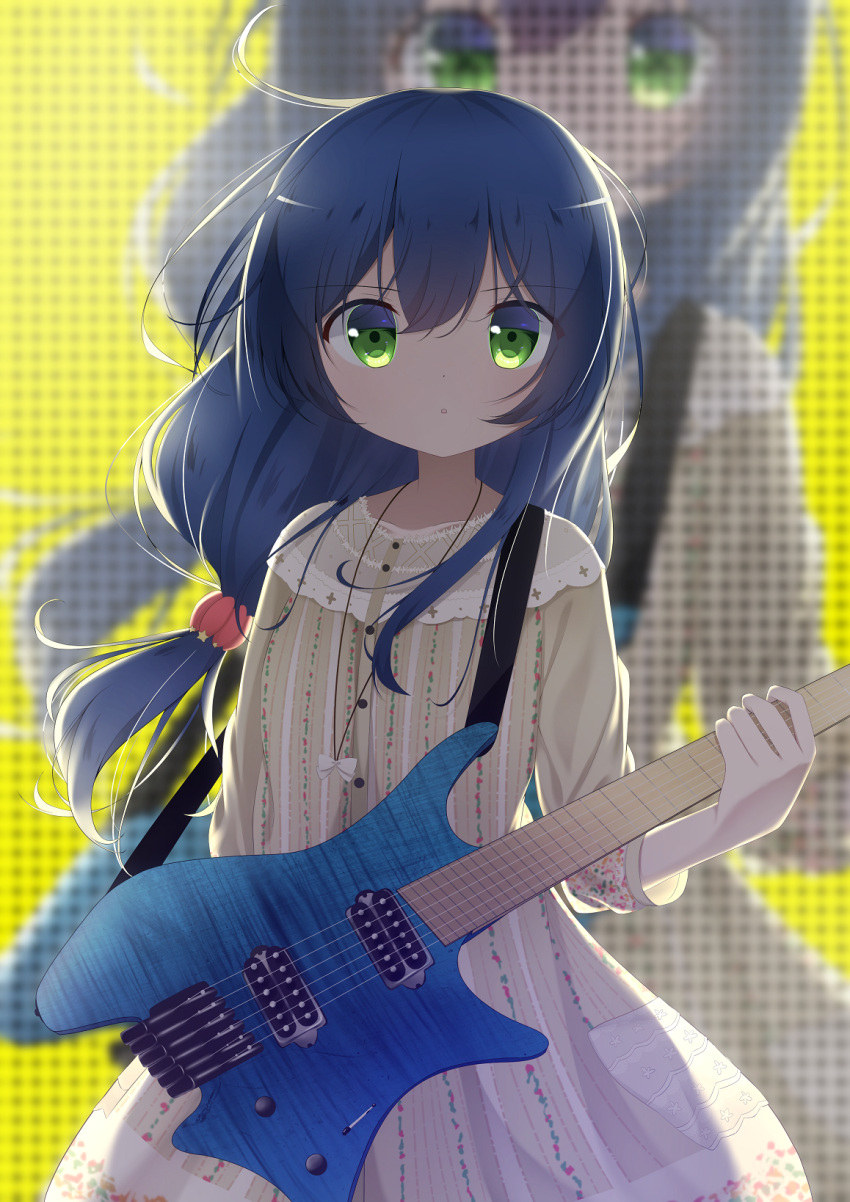 1girl :o arm_at_side asahi_rokka backlighting bang_dream! bangs beige_dress blue_hair dress electric_guitar green_eyes guitar highres instrument koh_(user_kpcu7748) long_hair long_sleeves looking_at_viewer low-tied_long_hair red_skirt screen skirt solo striped vertical-striped_dress vertical_stripes