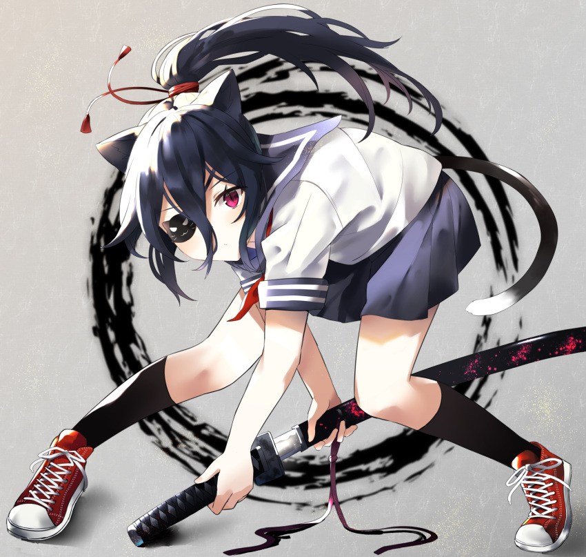 1girl animal_ears bangs bent_over black_hair black_legwear blue_sailor_collar blue_skirt cat_ears chamnaitu closed_mouth cross-laced_footwear expressionless eyepatch full_body hair_between_eyes hair_tie highres holding holding_sword holding_weapon katana kneehighs legs_apart long_hair looking_at_viewer miniskirt neckerchief original pleated_skirt ponytail purple_ribbon red_eyes red_footwear red_neckwear ribbon sailor_collar school_uniform serafuku sheath shirt shoes short_sleeves sidelocks skirt sneakers solo sword thighs unsheathing weapon white_shirt