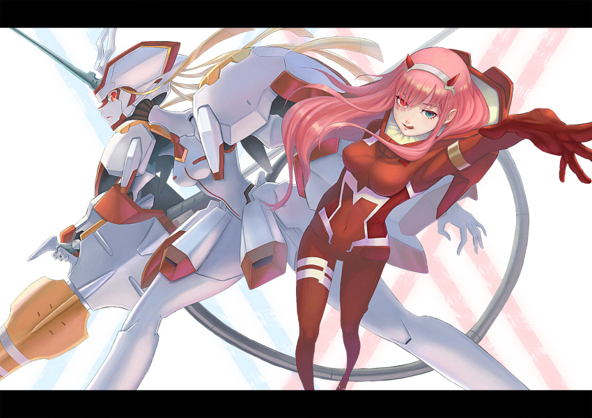 1girl arm_behind_back arm_up bangs blue_eyes bodysuit breasts closed_mouth darling_in_the_franxx hairband heterochromia highres horns kota_(tokiwa) legs_apart letterboxed long_hair mecha medium_breasts oni_horns pilot_suit pink_hair red_bodysuit red_eyes smile solo straight_hair strelizia tongue tongue_out white_hairband zero_two_(darling_in_the_franxx)