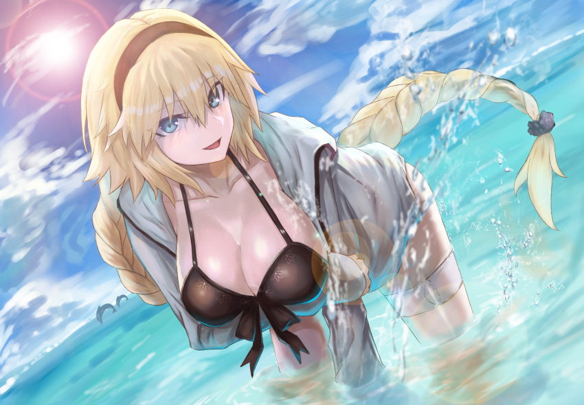 1girl :d absurdres bikini black_bikini black_headband blonde_hair blue_eyes blue_hoodie breasts cleavage clouds collarbone commentary_request day dolphin fate/grand_order fate_(series) fifty1202 highres hood hood_down jeanne_d'arc_(fate)_(all) jeanne_d'arc_(swimsuit_archer) large_breasts leaning_forward lens_flare long_hair looking_at_viewer ocean open_mouth partially_submerged smile solo splashing sun sunlight swimsuit thigh_strap very_long_hair