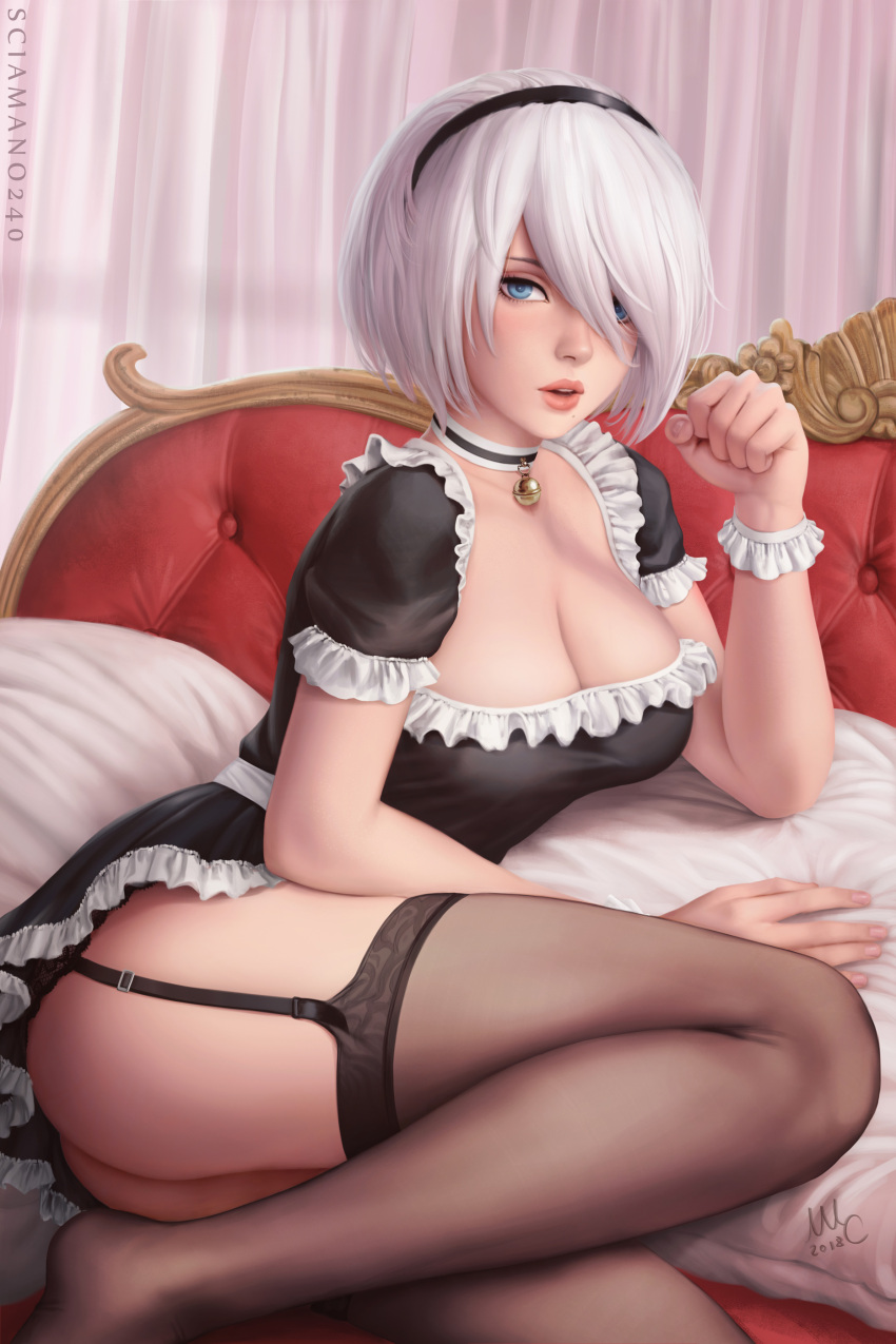 1girl absurdres alternate_costume animal_ears artist_name ass bell black_hairband blue_eyes breasts brown_legwear cat_ears cat_tail choker cleavage clenched_hand couch dated enmaided garter_straps hair_over_one_eye hairband highres jingle_bell kemonomimi_mode lips looking_at_viewer maid mole mole_under_eye nier_(series) nier_automata paid_reward parted_lips patreon_reward paw_pose sciamano240 short_hair signature sitting solo tail thigh-highs white_hair yorha_no._2_type_b