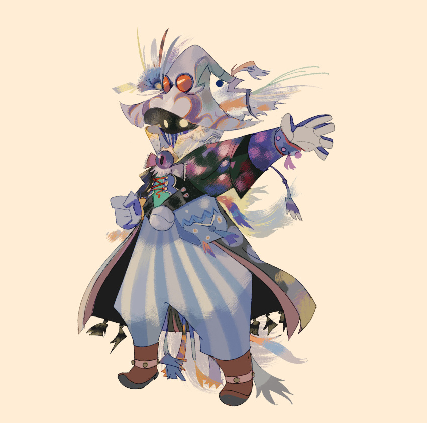 1boy absurdres alexandra_nyerges beads beige_background boots bracelet clenched_hand covered_mouth eyeball feathers final_fantasy gloves glowing glowing_eyes goggles hat highres jewelry open_hand shaded_face simple_background solo standing