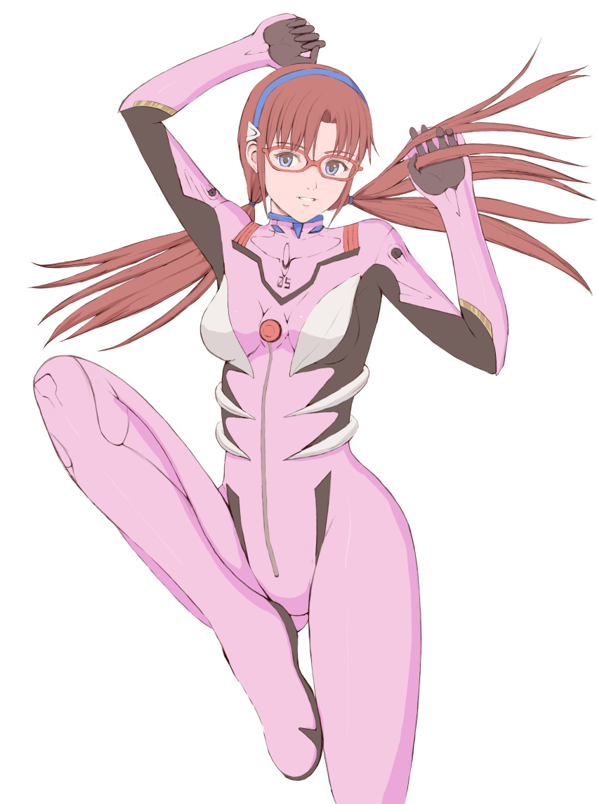 1girl absurdres blue_eyes blue_hairband bodysuit breasts brown_hair eyebrows_visible_through_hair from_above glasses hairband highres leg_up long_hair looking_at_viewer lying makinami_mari_illustrious medium_breasts neon_genesis_evangelion on_back pink_bodysuit plugsuit popo_agaga rebuild_of_evangelion red-framed_eyewear simple_background solo twintails white_background