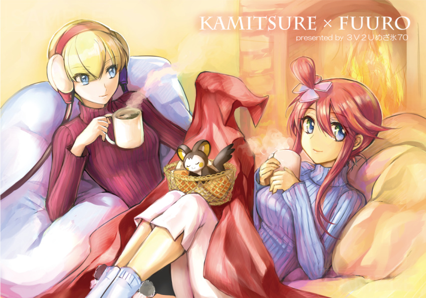 2girls blonde_hair blue_eyes blue_legwear blue_sweater brown_hair casual character_name coffee_mug creatures_(company) cup emolga eyebrows_visible_through_hair fire fuuro_(pokemon) game_freak gen_5_pokemon hair_between_eyes hair_bun hair_ornament hairband holding holding_cup kamitsure_(pokemon) long_sleeves mintes mug multiple_girls nintendo pants pokemon pokemon_(creature) pokemon_(game) pokemon_bw red_hairband red_sweater redhead ribbed_sweater short_hair short_hair_with_long_locks sidelocks sitting steam sweater turtleneck turtleneck_sweater under_covers white_pants