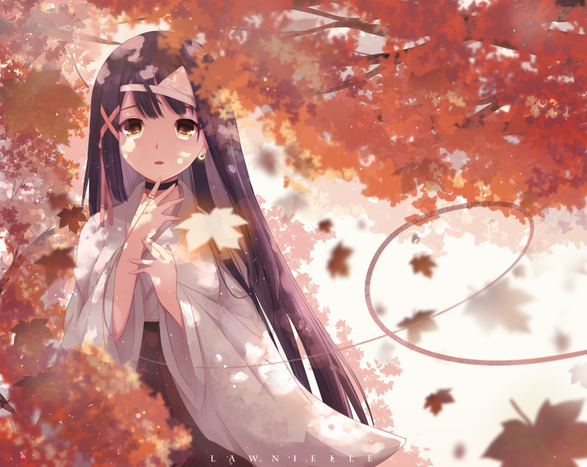 1girl absurdres artist_name autumn_leaves black_choker blurry blurry_foreground brown_eyes brown_hair brown_hakama choker commentary depth_of_field earrings english_commentary ghost hair_ribbon hakama hands_up highres japanese_clothes jewelry kimono lawnielle long_hair long_sleeves miko original red_ribbon ribbon ring short_kimono solo tree_branch triangular_headpiece very_long_hair white_kimono wide_sleeves