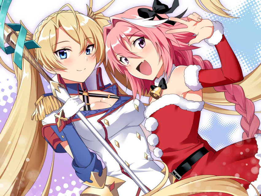 1boy 1girl astolfo_(fate) bangs bell bell_collar belt belt_buckle black_bow black_ribbon blonde_hair blue_eyes blush bow bradamante_(fate/grand_order) braid breasts buckle christmas cleavage collar commentary_request elbow_gloves fang fate/grand_order fate_(series) french_braid gloves hair_intakes hair_ribbon highres lance long_braid long_hair looking_at_viewer migi12hidari8 multicolored_hair open_mouth pink_hair polearm red_sailor_collar ribbon sailor_collar santa_costume single_braid smile streaked_hair trap twintails very_long_hair violet_eyes weapon