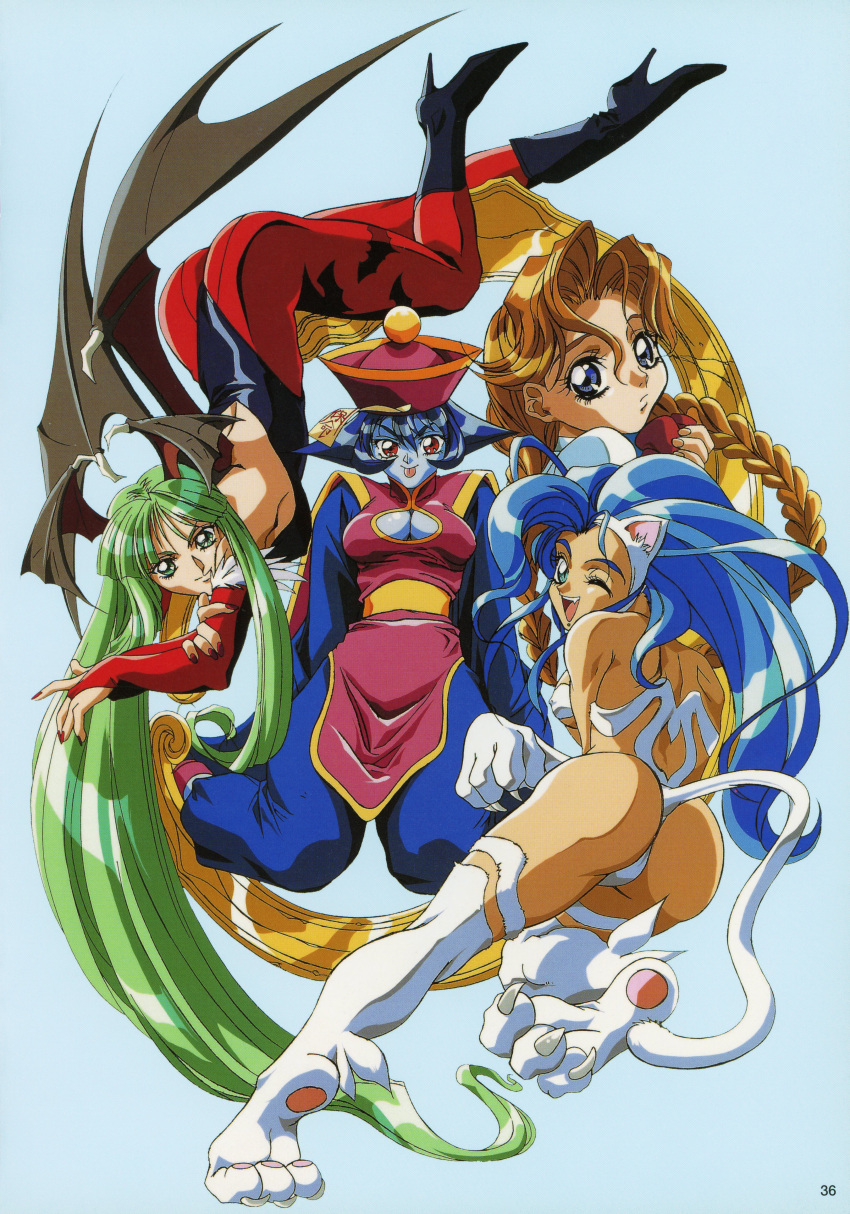 4girls absurdres animal_ears animal_print anita_(vampire) bare_shoulders bat_print bat_wings big_hair blonde_hair blue_eyes blue_hair breasts bridal_gauntlets cat_ears cat_tail chinese_clothes choker claws cleavage cleavage_cutout demon_girl felicia full_body green_eyes green_hair hat heart_cutout highres jiangshi large_breasts lei_lei leotard long_hair low_wings morrigan_aensland multiple_girls nude ofuda pantyhose paws print_legwear purple_skin red_eyes slender_waist smile succubus tail vampire_(game) wings yokota_mamoru