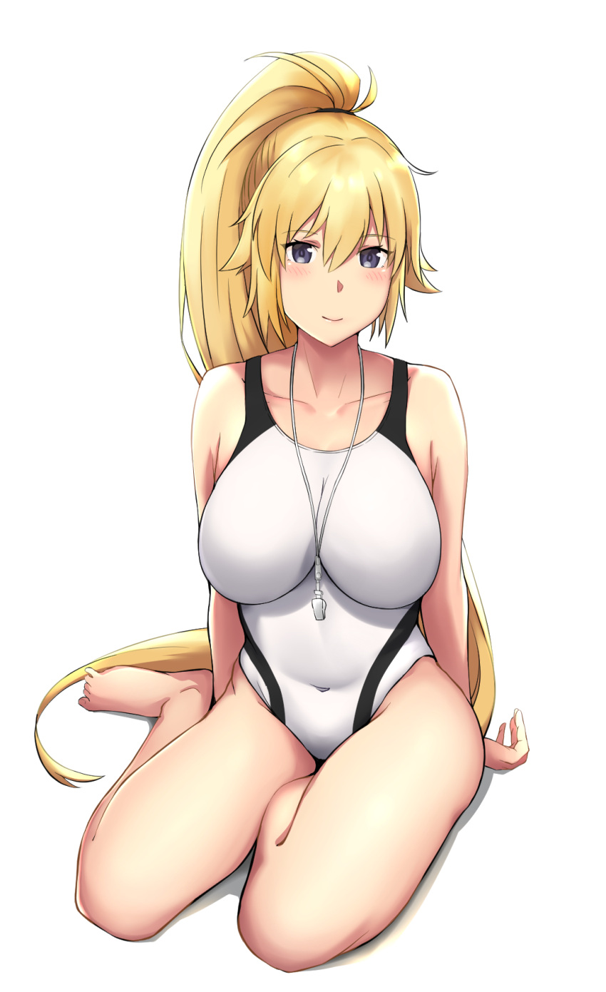 1girl barefoot black_eyes blonde_hair breasts competition_swimsuit covered_navel fate/apocrypha fate/grand_order fate_(series) glasses highres impossible_clothes impossible_swimsuit jeanne_d'arc_(fate)_(all) jeanne_d'arc_(swimsuit_archer) large_breasts long_hair looking_at_viewer one-piece_swimsuit oribe_(nopear) ponytail simple_background sitting solo swimsuit whistle whistle_around_neck white_background white_swimsuit yokozuwari