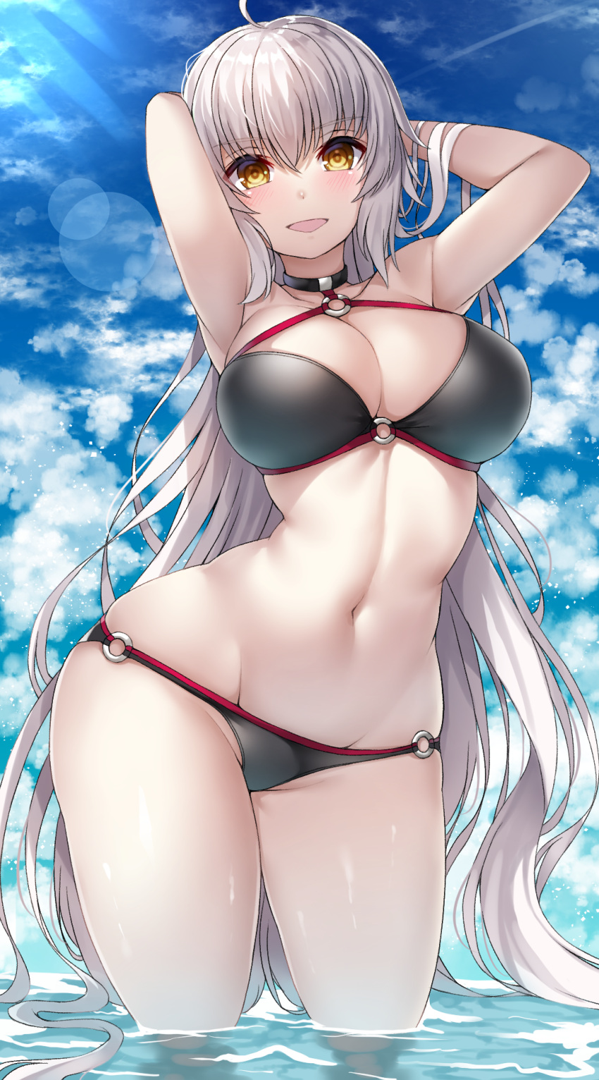 ahoge arms_behind_head bangs beeyan bikini black_bikini black_choker breasts choker cleavage clouds cloudy_sky commentary_request cowboy_shot day eyebrows_visible_through_hair fate/grand_order fate_(series) hair_between_eyes highres jeanne_d'arc_(alter_swimsuit_berserker) jeanne_d'arc_(fate)_(all) large_breasts light_rays long_hair navel o-ring o-ring_bikini o-ring_bottom o-ring_top ocean open_mouth outdoors shiny shiny_skin silver_hair sky standing sunbeam sunlight swimsuit yellow_eyes