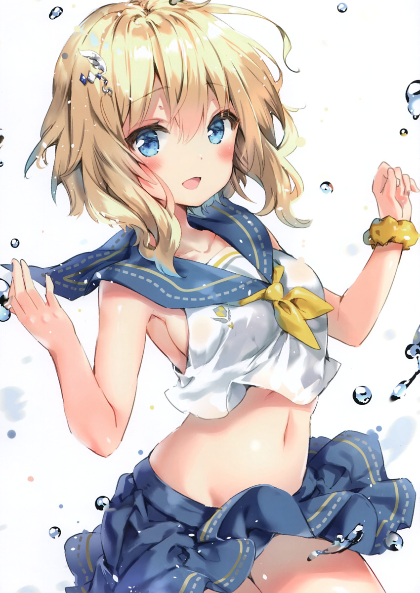 1girl :d absurdres armpits bangs bare_arms bare_shoulders blonde_hair blue_eyes blue_sailor_collar blue_skirt blush breasts collarbone cowboy_shot crop_top eyebrows_visible_through_hair groin hair_ornament hands_up highres looking_at_viewer medium_breasts midriff miniskirt navel neckerchief open_mouth original riichu sailor_collar scan school_uniform scrunchie serafuku shirt short_hair sideboob simple_background skirt sleeveless sleeveless_shirt smile solo standing stomach water_drop white_background white_shirt wrist_scrunchie yellow_neckwear yellow_scrunchie