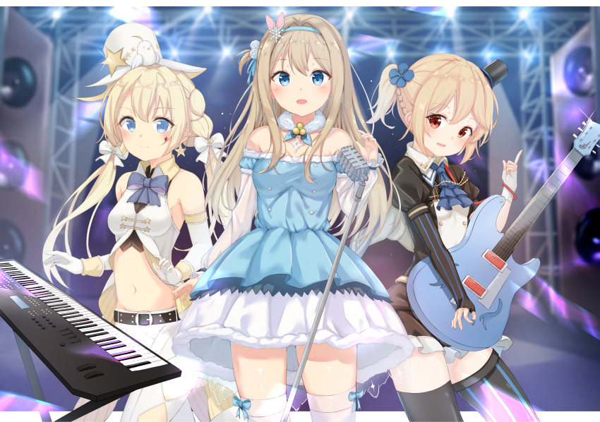 3girls :d absurdres argyle_cutout armpit_crease ascot bangs bare_shoulders belt bird black_legwear black_shirt black_skirt blonde_hair blue_dress blue_eyes blue_flower blue_neckwear blue_ribbon blurry blurry_background blush bow bowtie braid breasts brown_hair bunny_hair_ornament buttons chick closed_mouth collared_shirt colt_m1873_(girls_frontline) commentary crop_top detached_collar detached_sleeves dress elbow_gloves electric_guitar eyebrows_visible_through_hair fingerless_gloves flower frilled_dress frilled_skirt frills fur_trim girls_frontline glint gloves groin guitar hair_flower hair_intakes hair_ornament hair_ribbon hairband hand_up hat highres holding holding_instrument huge_filesize idol index_finger_raised instrument juliet_sleeves keyboard_(instrument) long_hair long_sleeves looking_at_viewer medium_breasts microphone microphone_stand midriff mini_hat mini_top_hat miniskirt mismatched_gloves mismatched_legwear multiple_girls nagant_revolver_(girls_frontline) navel off-shoulder_dress off_shoulder one_side_up open_mouth pants plectrum pom_pom_(clothes) puffy_sleeves red_eyes ribbon shirt short_hair short_ponytail side-by-side sidelocks single_elbow_glove skirt small_breasts smile snowflake_hair_ornament speaker stage_lights standing star striped striped_gloves striped_legwear suomi_kp31_(girls_frontline) tareme thigh-highs tilted_headwear top_hat twintails white_gloves white_hat white_legwear white_pants white_ribbon white_shirt xue_lu zettai_ryouiki
