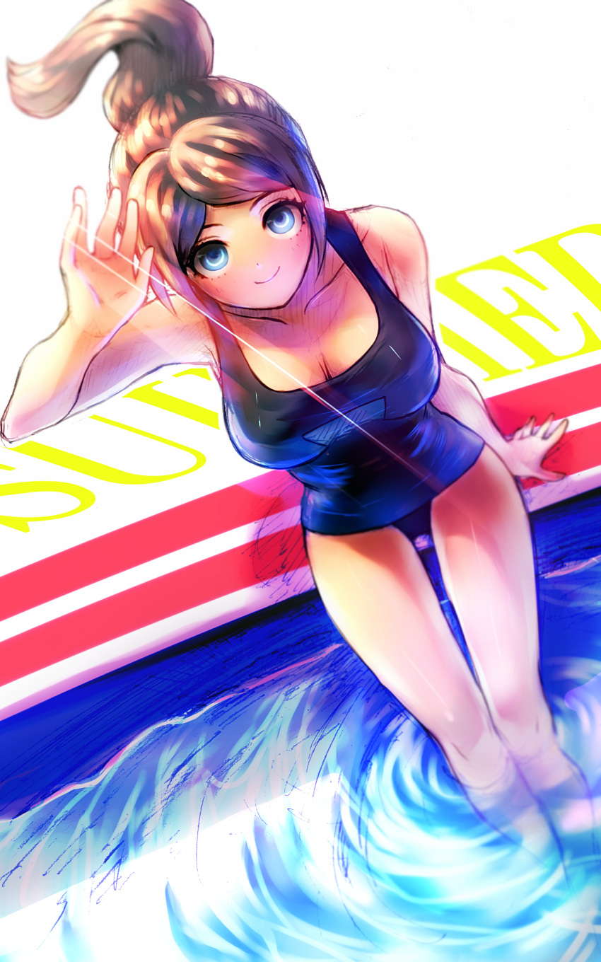 1girl arm_up asahina_aoi bare_shoulders blue_eyes brown_hair dangan_ronpa highres looking_at_viewer pool sitting smile solo suzuki_(szk0727) swimsuit water