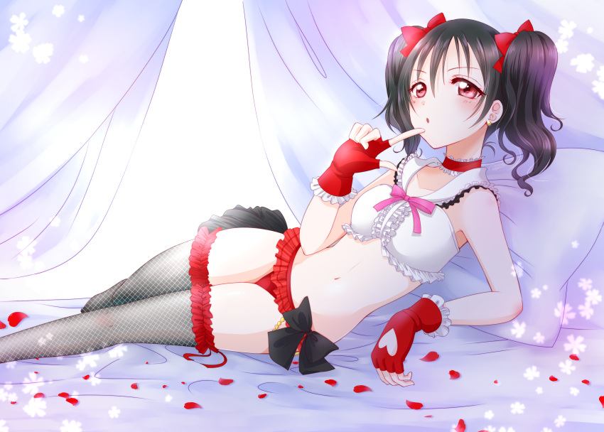 absurdres ayamu_(igakato) bed black_hair bokura_wa_ima_no_naka_de commentary_request hair_ribbon highres lingerie love_live! love_live!_school_idol_project red_eyes ribbon twintails underwear yazawa_nico