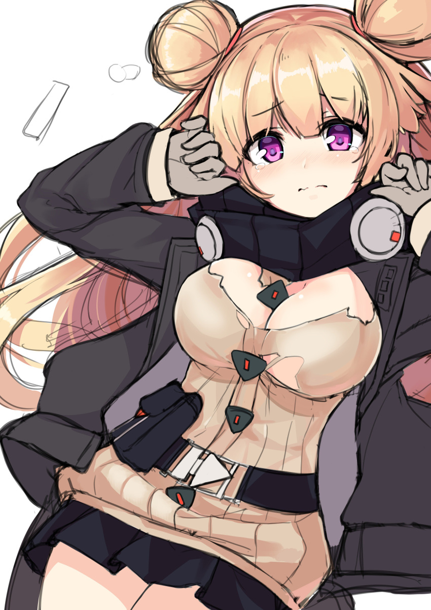 1girl absurdres belt belt_pouch black_scarf black_skirt blonde_hair blush breasts double_bun facing_viewer flustered girls_frontline gloves green_jacket hair_bun highres hk23_(girls_frontline) jacket large_breasts long_hair miniskirt ohshit pouch scarf side_bun skirt sweater torn_clothes violet_eyes white_background yellow_sweater