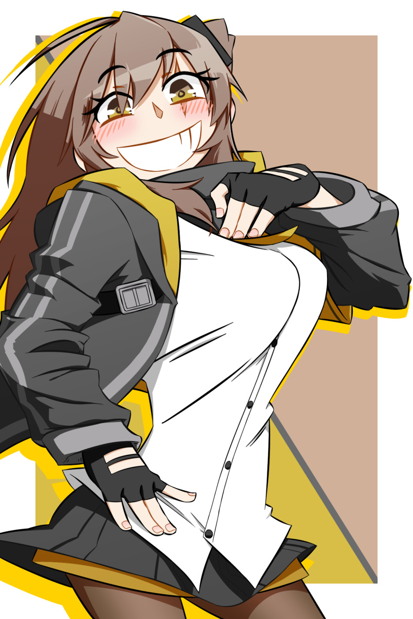 1girl armband bangs black_jacket black_legwear black_skirt blush breasts brown_hair ckom2723 clenched_teeth crossed_bangs fingerless_gloves girls_frontline gloves grin hand_on_hip hands_on_own_chest highres hood hood_down hooded_jacket jacket large_breasts long_hair looking_at_viewer one_side_up open_clothes open_jacket pantyhose scar scar_across_eye shirt simple_background skirt smile solo teeth ump45_(girls_frontline) white_shirt yellow_eyes
