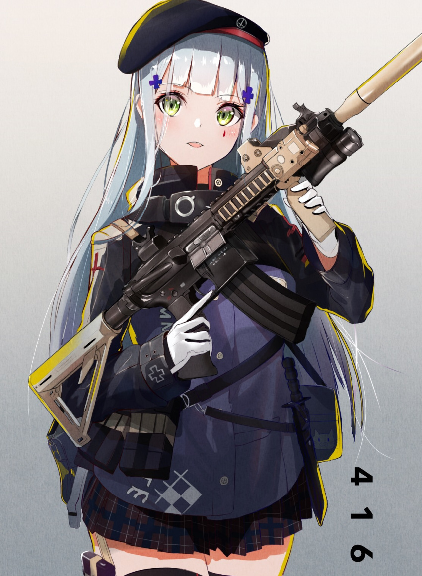 1girl assault_rifle bangs beret black_legwear blunt_bangs blush breasts character_name clothes_writing commentary_request cowboy_shot eyebrows_visible_through_hair facial_mark girls_frontline gloves gradient gradient_background green_eyes gun hair_ornament hat heckler_&amp;_koch highres hk416 hk416_(girls_frontline) holding holding_gun holding_weapon jacket kinoruru_toiro long_hair looking_at_viewer magazine_(weapon) medium_breasts open_mouth plaid plaid_skirt pleated_skirt rifle silver_hair skirt solo teardrop thigh-highs thigh_pouch thigh_strap trigger_discipline very_long_hair weapon
