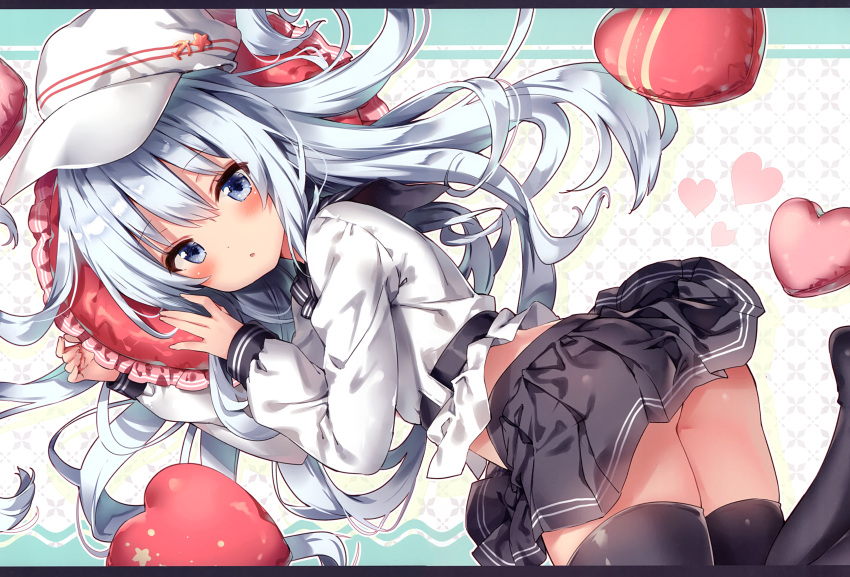 1girl absurdres ass bangs belt black_legwear black_sailor_collar black_skirt blue_eyes blush eyebrows_visible_through_hair flat_cap hair_spread_out hammer_and_sickle hands_up hat heart heart_pillow hibiki_(kantai_collection) highres huge_filesize kantai_collection letterboxed long_hair long_sleeves looking_at_viewer looking_to_the_side lying miniskirt no_shoes on_side parted_lips pillow pleated_skirt remodel_(kantai_collection) riichu sailor_collar scan school_uniform serafuku shirt sidelocks skirt sleeves_past_wrists solo star thigh-highs verniy_(kantai_collection) white_hair white_hat white_shirt