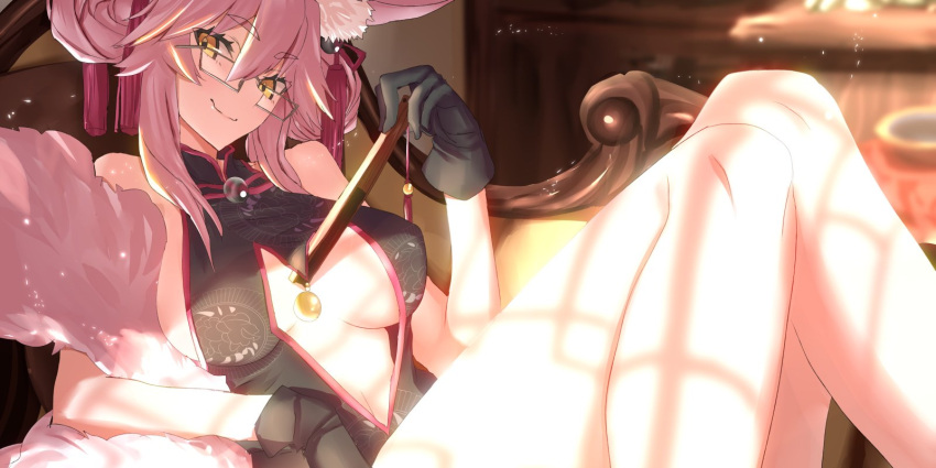 1girl bare_shoulders black_dress black_gloves breasts center_opening china_dress chinese_clothes dress eyebrows_visible_through_hair fan fate_(series) folding_fan glasses gloves hair_between_eyes highres koyanskaya pink_hair smile solo tail tamamo_(fate)_(all) tsuuhan yellow_eyes