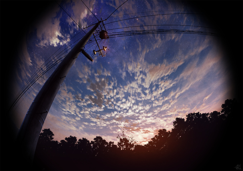 blue_sky clouds cloudy_sky commentary_request fisheye mocha_(cotton) no_humans original outdoors power_lines signature silhouette sky sunset telephone_pole tree