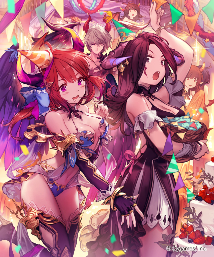 1boy 2girls bangs blush bow breasts brown_eyes brown_hair cake character_request cleavage demon_girl dress elbow_gloves eyebrows_visible_through_hair feathered_wings fingerless_gloves food fruit gloves hair_bow hand_up hat high_heels highres horn_bell horn_ornament horns large_breasts lee_hyeseung leotard multiple_girls official_art open_mouth party party_hat shingeki_no_bahamut smile strawberry string_of_flags thigh-highs violet_eyes watermark wide-eyed wings