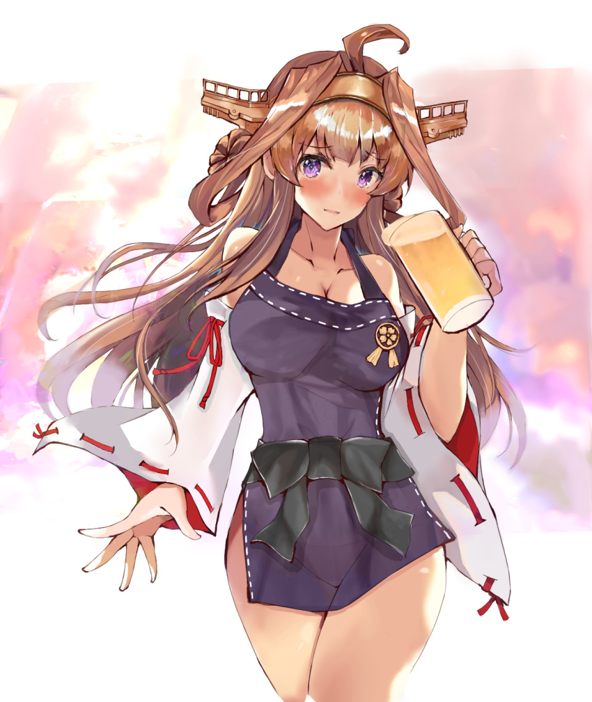 1girl ahoge alcohol apron bangs beer beer_mug blush breasts brown_hair cleavage collarbone cup detached_sleeves double_bun eriyama_(user_csua4255) eyebrows_visible_through_hair froth hairband headgear highres holding holding_cup kantai_collection kongou_(kantai_collection) long_hair nontraditional_miko open_mouth see-through_silhouette sidelocks spilling violet_eyes