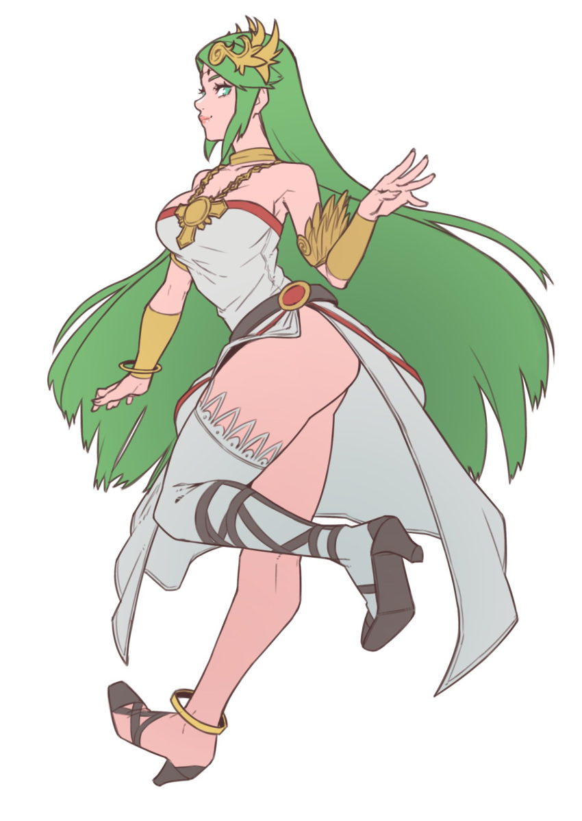1girl bare_shoulders breasts drawing dress full_body green_eyes green_hair highres jewelry kevvv kid_icarus large_breasts long_hair looking_at_viewer nintendo palutena simple_background single_thighhigh smile solo super_smash_bros. super_smash_bros._ultimate thigh-highs tiara very_long_hair white_background
