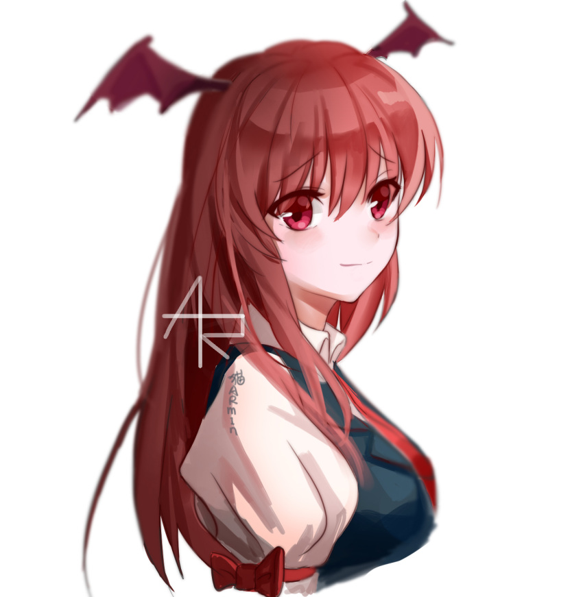 1girl bangs black_vest blush bow breasts commentary_request cropped_torso demon_wings eyebrows_visible_through_hair hair_between_eyes head_wings highres koakuma long_hair looking_at_viewer mao_wei_du_jiao_shou medium_breasts necktie puffy_short_sleeves puffy_sleeves red_bow red_eyes red_neckwear redhead shirt short_sleeves simple_background smile solo touhou upper_body vest white_background white_shirt wing_collar wings