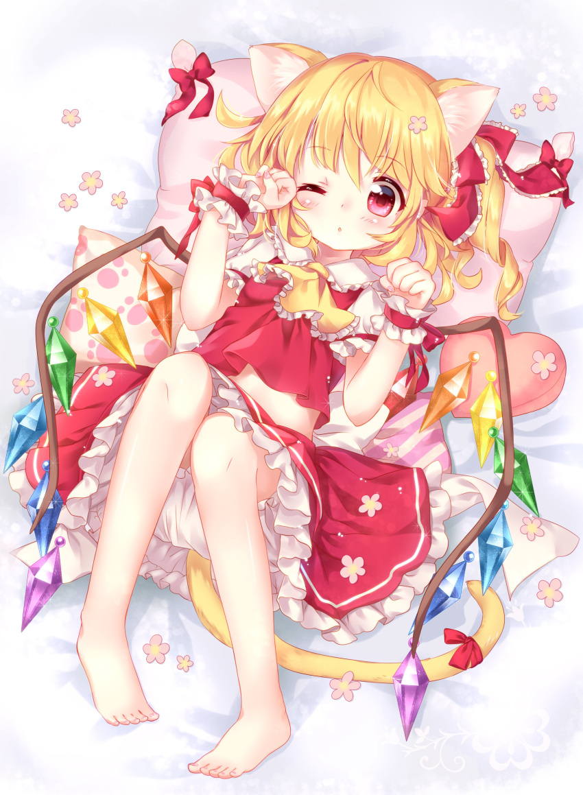 1girl ;o absurdres animal_ears ascot barefoot bed_sheet blonde_hair bloomers blush cat_ears cat_tail crystal diagonal_stripes eyebrows_visible_through_hair flandre_scarlet flower frilled_ascot frilled_shirt_collar frills from_above full_body hair_ribbon heart highres kemonomimi_mode knees_up long_hair looking_at_viewer lying mimi_(mimi_puru) nail_art nail_polish no_hat no_headwear on_back one_eye_closed paw_pose paw_print pigeon-toed pillow pink_nails puffy_short_sleeves puffy_sleeves red_eyes red_ribbon ribbon short_sleeves side_ponytail skirt skirt_set solo striped tail tail_ribbon toenail_polish touhou underwear wings wrist_cuffs yellow_neckwear