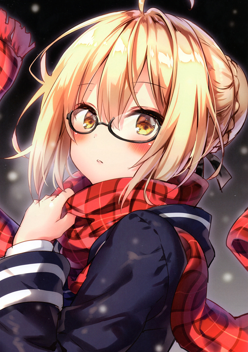 1girl absurdres artoria_pendragon_(all) bangs black-framed_eyewear blonde_hair blush brown_eyes eyebrows_visible_through_hair fate/grand_order fate_(series) glasses hair_bun highres long_sleeves looking_at_viewer parted_lips riichu scan scarf shiny shiny_hair simple_background snowing solo upper_body