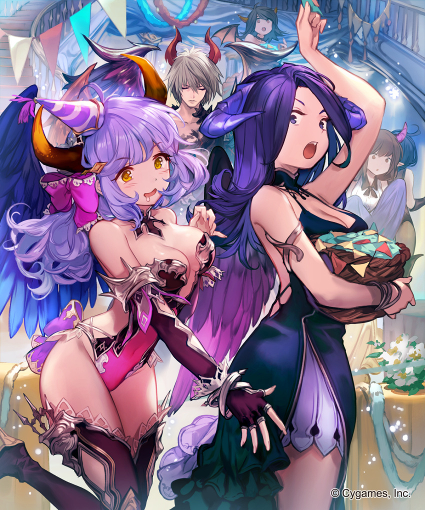 1boy 2girls bangs blush bow breasts brown_eyes brown_hair cake character_request cleavage covered_navel demon_girl dress elbow_gloves eyebrows_visible_through_hair feathered_wings fingerless_gloves food fruit gloves hair_bow hand_up hat high_heels highres horn_bell horn_ornament horns large_breasts lee_hyeseung leotard multiple_girls official_art open_mouth party party_hat purple_hair shingeki_no_bahamut smile strawberry string_of_flags thigh-highs violet_eyes watermark wide-eyed wings yellow_eyes