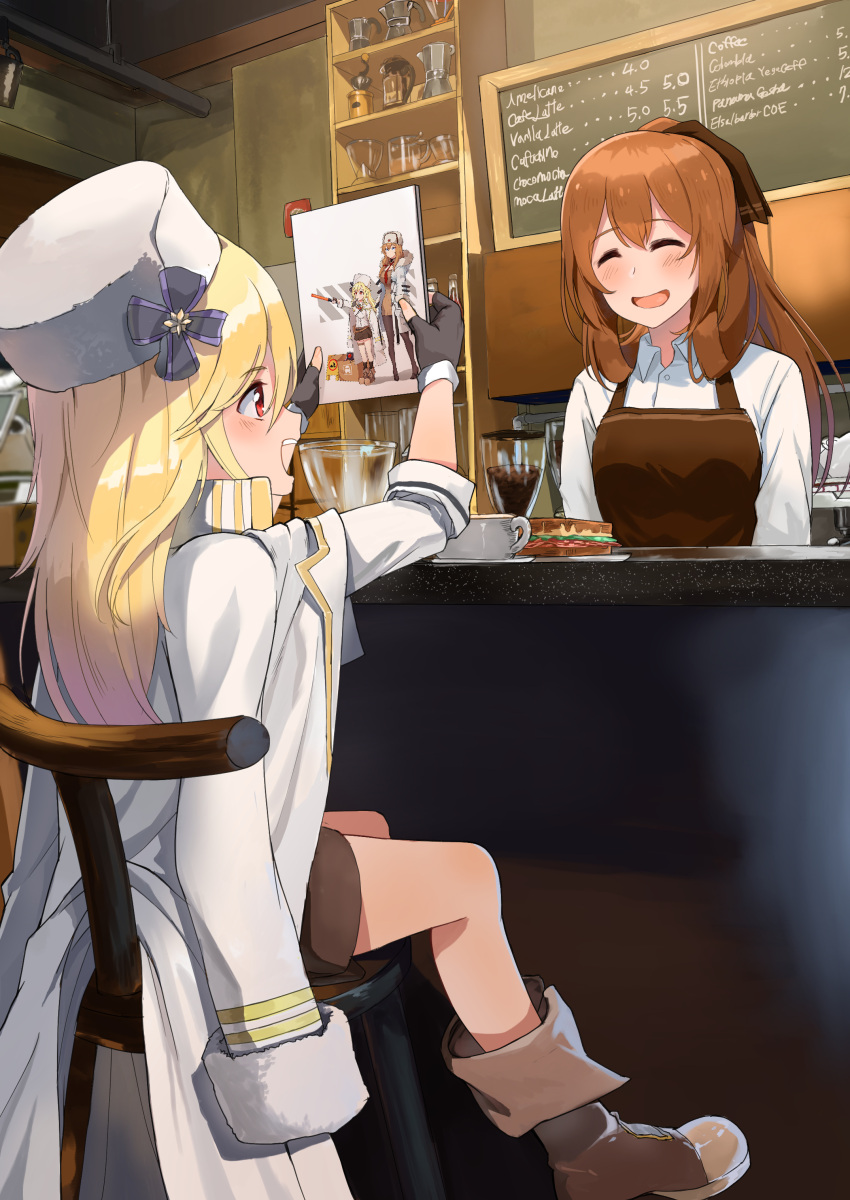 2girls :d absurdres apron black_gloves blonde_hair blush boots brown_apron brown_footwear brown_hair cafe chair closed_eyes collared_shirt commentary_request cup dinergate_(girls_frontline) eyebrows_visible_through_hair fingerless_gloves food girls_frontline gloves highres holding jacket_on_shoulders jjeono long_hair m1903_springfield_(girls_frontline) mosin-nagant_(girls_frontline) mug multiple_girls nagant_revolver_(girls_frontline) nemomo number open_mouth profile red_eyes sandwich shirt sitting smile white_shirt wing_collar