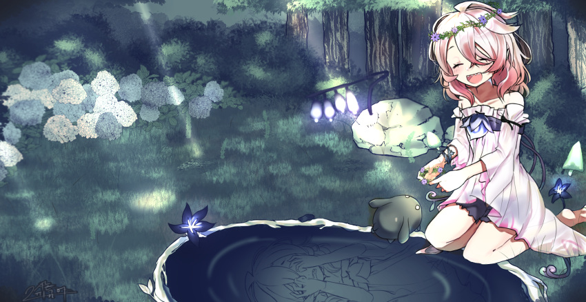 1girl :d ahoge animal bush closed_eyes collar dress elsword fangs flower forest hair_between_eyes hand_on_own_face head_wreath highres hydrangea laby_(elsword) light_rays messy_hair mirror multiple_persona nature nisha open_mouth pink_hair rock shipi_(qlenf0715) short_hair signature smile sunbeam sunlight tree