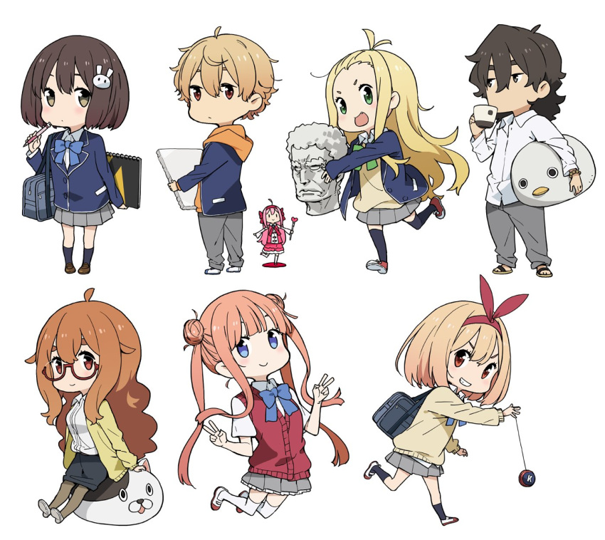 2boys 5girls :d bag blonde_hair blue_jacket blue_legwear blue_neckwear blush bow bowtie brown_eyes brown_footwear brown_hair buchou_(kono_bijutsubu_niwa_mondai_ga_aru!) bunny_hair_ornament canvas cardigan character_request chibi closed_mouth colette_(kono_bijutsubu_niwa_mondai_ga_aru!) collared_shirt commentary_request double_bun double_v fang green_neckwear grey_skirt grin hair_bow hair_flaps hair_ornament hairband hand_up highres holding imari_maria imigimuru jacket jitome kono_bijutsubu_niwa_mondai_ga_aru! loafers long_hair long_sleeves looking_at_viewer multiple_boys multiple_girls open_mouth orange_hair pencil pencil_skirt pleated_skirt red-framed_eyewear red_vest running s school_bag school_uniform semi-rimless_eyewear shirt shoes short_hair shoulder_bag simple_background skirt smile socks standing sweater tachibana_yumeko twintails uchimaki_subaru under-rim_eyewear usami_mizuki v vest violet_eyes white_background white_footwear white_legwear wing_collar yo-yo