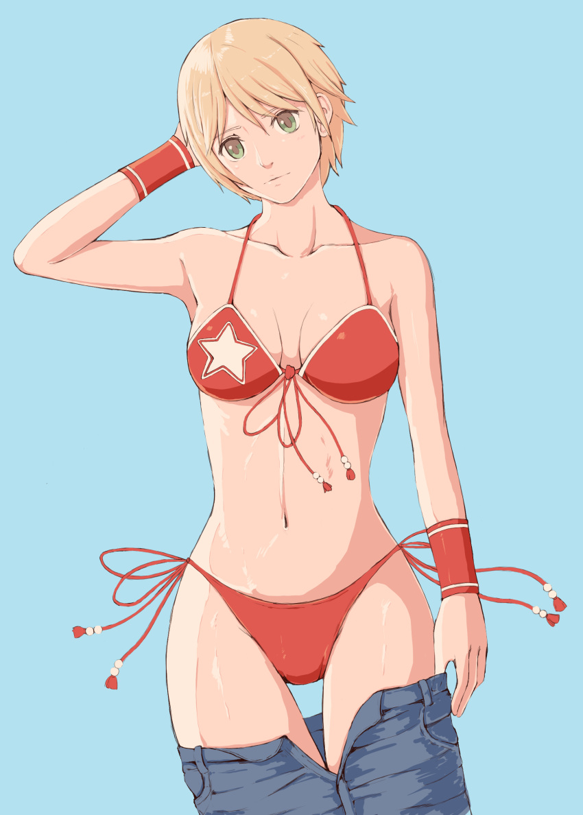 1girl absurdres alice_garnet_nakata bikini blonde_hair blue_background blue_pants breasts cleavage collarbone cowboy_shot front-tie_bikini front-tie_top green_eyes hand_in_hair head_tilt highres medium_breasts navel pants pants_pull popo_agaga print_bikini red_bikini red_ribbon ribbon shiny shiny_skin short_hair side-tie_bikini simple_background solo standing star star_print swimsuit the_king_of_fighters thigh_gap undressing wet wristband