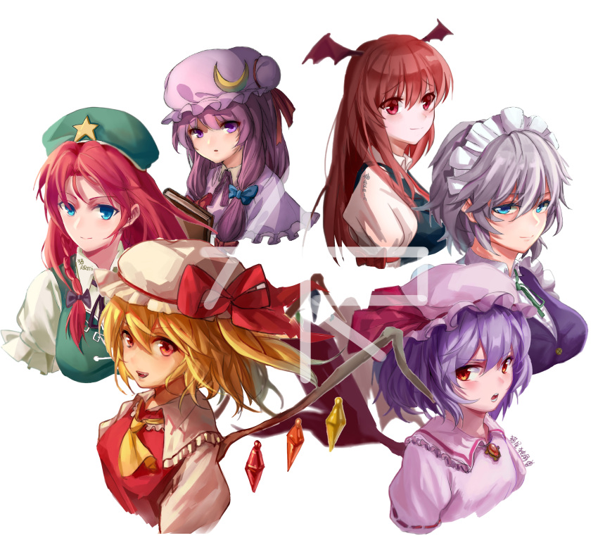 6+girls :d absurdres ascot bangs bat_wings beret black_bow black_neckwear black_ribbon black_vest blonde_hair blue_bow blue_dress blue_eyes blush book bow braid breasts brooch commentary crescent crescent_hair_ornament cropped_torso crystal demon_wings dress eyebrows_visible_through_hair fang flandre_scarlet frilled_shirt_collar frills green_hat green_neckwear green_ribbon green_vest hair_between_eyes hair_bow hair_ornament hat hat_ribbon head_wings highres hong_meiling izayoi_sakuya jewelry koakuma large_breasts lavender_hair long_hair looking_at_viewer maid maid_headdress mao_wei_du_jiao_shou medium_breasts mob_cap multiple_girls neck_ribbon necktie one_side_up open_mouth parted_lips patchouli_knowledge pink_dress pink_hat puffy_short_sleeves puffy_sleeves purple_capelet purple_hair purple_hat purple_neckwear purple_ribbon red_bow red_eyes red_neckwear red_ribbon red_vest redhead remilia_scarlet ribbon shirt short_hair short_sleeves sidelocks silver_hair simple_background small_breasts smile star touhou twin_braids upper_body v-shaped_eyebrows vest violet_eyes white_background white_hat white_shirt wing_collar wings yellow_neckwear