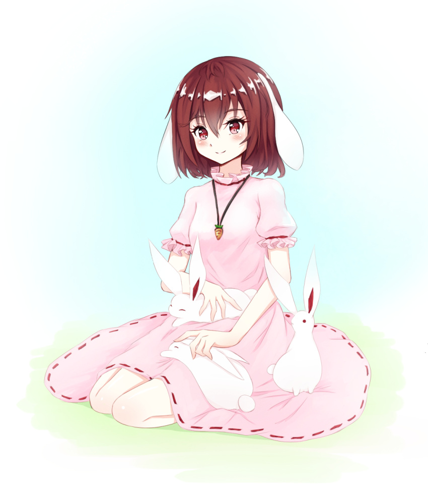 1girl animal animal_ears animal_on_lap blue_background blush brown_eyes brown_hair carrot_necklace closed_eyes dress floppy_ears full_body hair_between_eyes highres inaba_tewi petting pink_dress puffy_short_sleeves puffy_sleeves rabbit rabbit_ears ribbon-trimmed_dress shanghaidoll short_hair short_sleeves sitting smile solo touhou