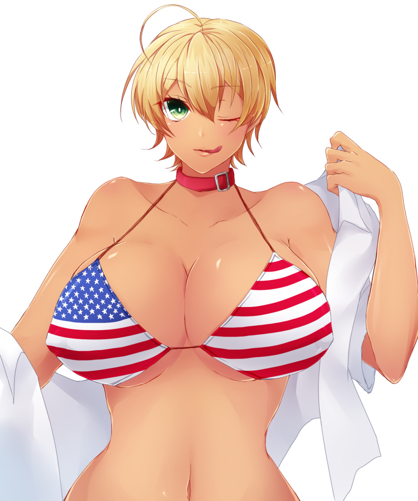 1girl ahoge american_flag_bikini bikini blonde_hair collar flag_print green_eyes highres licking_lips mito_ikumi omagu one_eye_closed shirt shokugeki_no_souma short_hair simple_background solo swimsuit tongue tongue_out white_background white_shirt