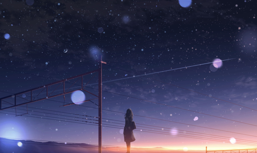 1girl bag black_coat black_hair blurry bokeh clouds commentary_request condensation_trail crescent_moon depth_of_field evening facing_away from_behind gradient_sky highres kijineko long_coat long_hair moon original outdoors scenery shoulder_bag sky snow solo standing star_(sky) starry_sky sunset wide_shot winter wire