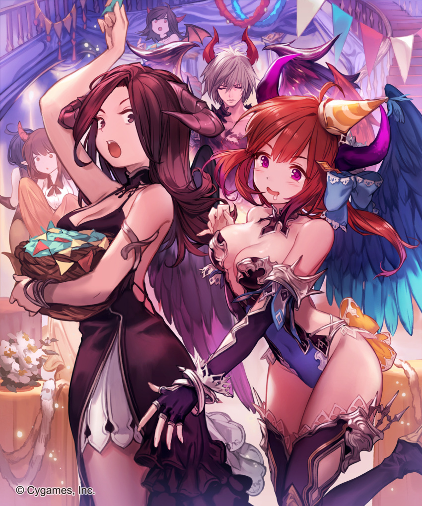 1boy 2girls bangs blush bow breasts brown_eyes brown_hair cake character_request cleavage covered_navel demon_girl dress elbow_gloves eyebrows_visible_through_hair feathered_wings fingerless_gloves food fruit gloves hair_bow hand_up hat high_heels highres horn_bell horn_ornament horns large_breasts lee_hyeseung leotard multiple_girls official_art open_mouth party party_hat shingeki_no_bahamut smile strawberry string_of_flags thigh-highs violet_eyes watermark wide-eyed wings
