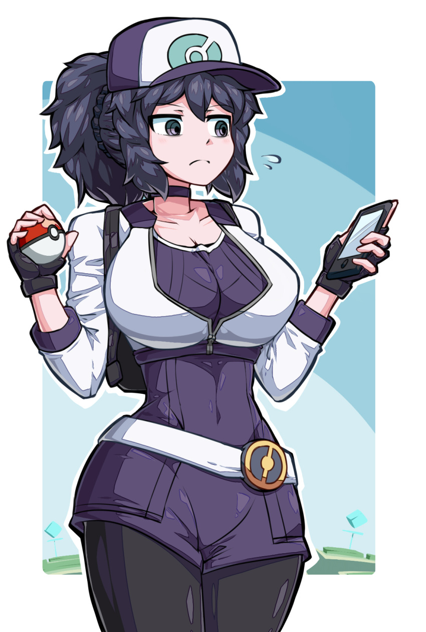 1girl al_bhed_eyes backpack bag bangs baseball_cap belt black_gloves black_hair black_legwear cellphone choker closed_mouth commentary_request cosplay covered_navel creatures_(company) crop_top cropped_jacket eyebrows_visible_through_hair female_protagonist_(pokemon_go) female_protagonist_(pokemon_go)_(cosplay) fingerless_gloves flying_sweatdrops game_freak gloves hair_between_eyes hands_up hat hex_maniac_(pokemon) high_ponytail highres hips holding holding_phone holding_poke_ball jacket long_hair long_sleeves looking_to_the_side nintendo pantyhose phone poke_ball poke_ball_(generic) pokemon pokemon_(game) pokemon_go pokemon_xy ponytail short_jumpsuit smartphone solo standing suzusiigasuki upper_body violet_eyes