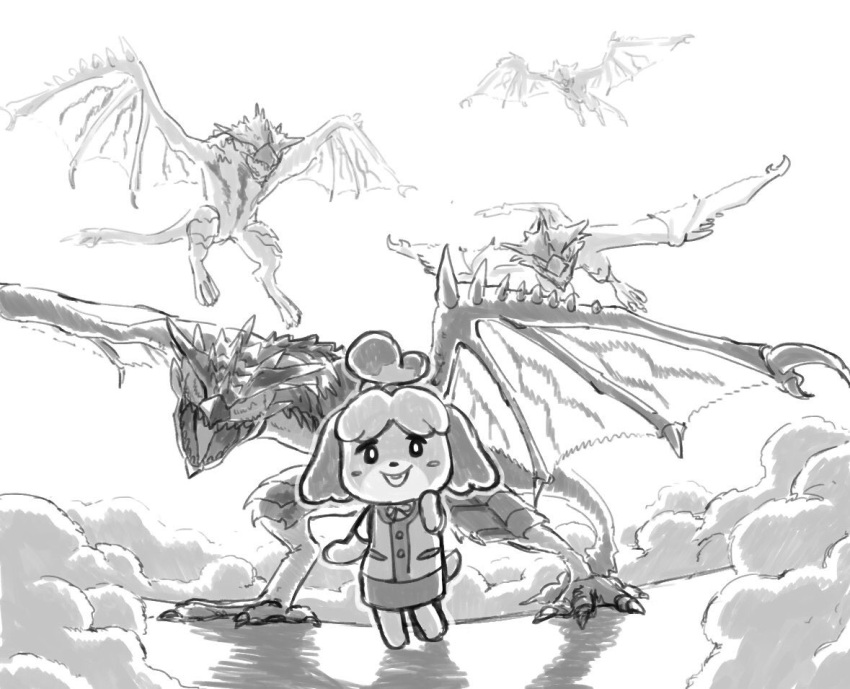 5others animal_crossing animal_ears dog dog_ears doubutsu_no_mori dragon dust_cloud flying gameplay_mechanics greyscale monochrome monster_hunter nintendo no_humans rathalos roaring shizue_(doubutsu_no_mori) skirt smile super_smash_bros. super_smash_bros._ultimate tobidase:_doubutsu_no_mori topknot wings