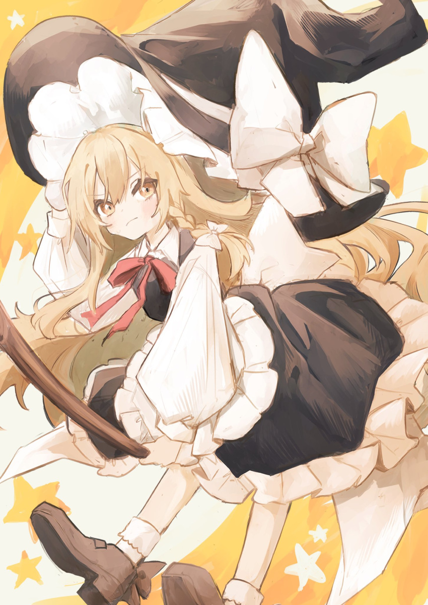 1girl apron bangs black_dress black_headwear blonde_hair bow broom broom_riding brown_footwear closed_mouth commentary_request dress frilled_skirt frills full_body hat hat_bow highres holding holding_broom kirisame_marisa long_hair long_sleeves looking_at_viewer puffy_long_sleeves puffy_sleeves red_ribbon ribbon sabatuki shirt shoes skirt socks solo star_(symbol) touhou very_long_hair waist_apron white_apron white_bow white_shirt white_socks witch_hat yellow_eyes