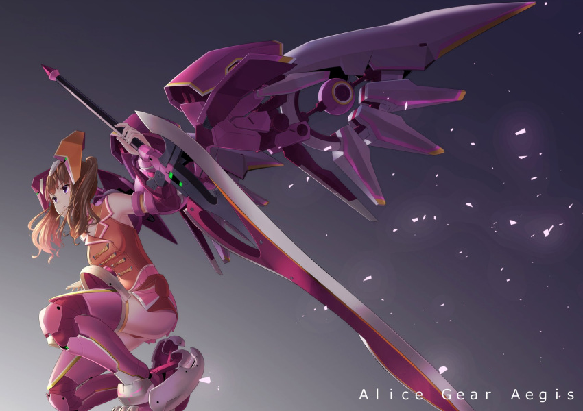 1girl alice_gear_aegis alternate_hairstyle antennae armor bangs closed_mouth copyright_name eyebrows_visible_through_hair fujimo_ruru full_body highres holding holding_weapon huge_weapon leotard light_brown_hair mecha_musume mechanical_boots mechanical_wings orange_leotard shimoochiai_touka sleeveless solo squatting sword twintails violet_eyes weapon wings