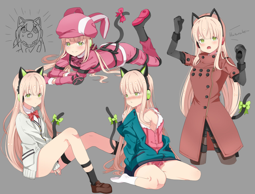 1girl absurdres animal_ears bangs bare_legs blonde_hair blush boots bow bowtie breasts cat_ear_headphones cat_ears cat_tail coat commentary_request eromanga_sensei fake_animal_ears girls_frontline gloves green_eyes hair_between_eyes hayarob headphones highres izumi_sagiri llenn_(sao) long_hair looking_at_viewer multiple_views off_shoulder pantyhose pink_clothes pout red_bow red_coat sidelocks solo ssss.gridman strap tail takarada_rikka thigh_strap tmp_(girls_frontline) very_long_hair white_cardigan yellow_bow