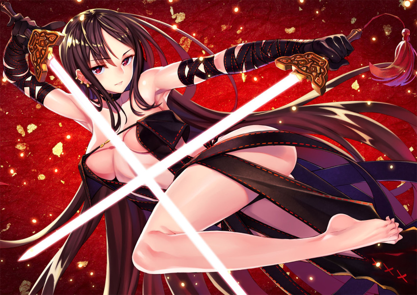 1girl bangs bare_legs bare_shoulders barefoot black_dress black_gloves blush breasts brown_hair center_opening choker closed_mouth commentary_request consort_yu_(fate) dress dual_wielding earrings eyebrows_visible_through_hair fate/grand_order fate_(series) feet gloves hips holding jewelry legs long_hair looking_at_viewer matsuryuu medium_breasts parted_lips red_background red_eyes solo strapless strapless_dress sword tassel thighs toes very_long_hair weapon