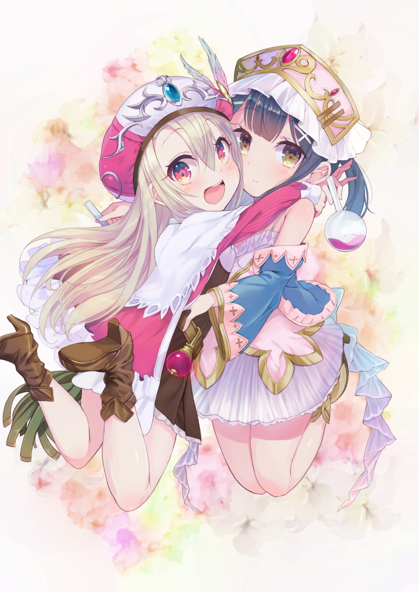 2girls :d absurdres bangs bare_shoulders blue_jacket blush boots brown_dress brown_eyes brown_footwear brown_hair closed_mouth commentary_request dress eyebrows_visible_through_hair fate/kaleid_liner_prisma_illya fate_(series) fingernails hair_between_eyes hat high_heel_boots high_heels highres holding hug illyasviel_von_einzbern jacket light_brown_hair long_hair long_sleeves miyu_edelfelt multiple_girls off_shoulder open_mouth p_answer pink_hat red_eyes round-bottom_flask shoe_soles sleeveless sleeveless_dress smile very_long_hair vial white_dress white_hat wide_sleeves