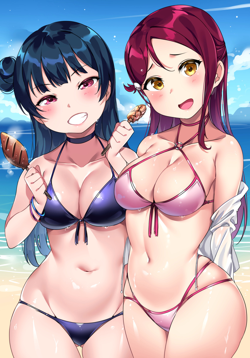 2girls bangs bare_shoulders beach bikini blue_hair blue_sky blush bracelet breasts choker cleavage clouds collarbone day food front-tie_bikini front-tie_top gluteal_fold grin hair_bun hair_ornament halter_top halterneck hands_up highres hips jacket jewelry long_hair looking_at_viewer love_live! love_live!_sunshine!! medium_breasts multiple_girls navel o-ring o-ring_bikini ocean off_shoulder open_mouth outdoors pink_bikini purple_bikini redhead sakurauchi_riko side_bun skindentation sky smile standing stomach swimsuit teeth tem10 tsushima_yoshiko violet_eyes wet yellow_eyes