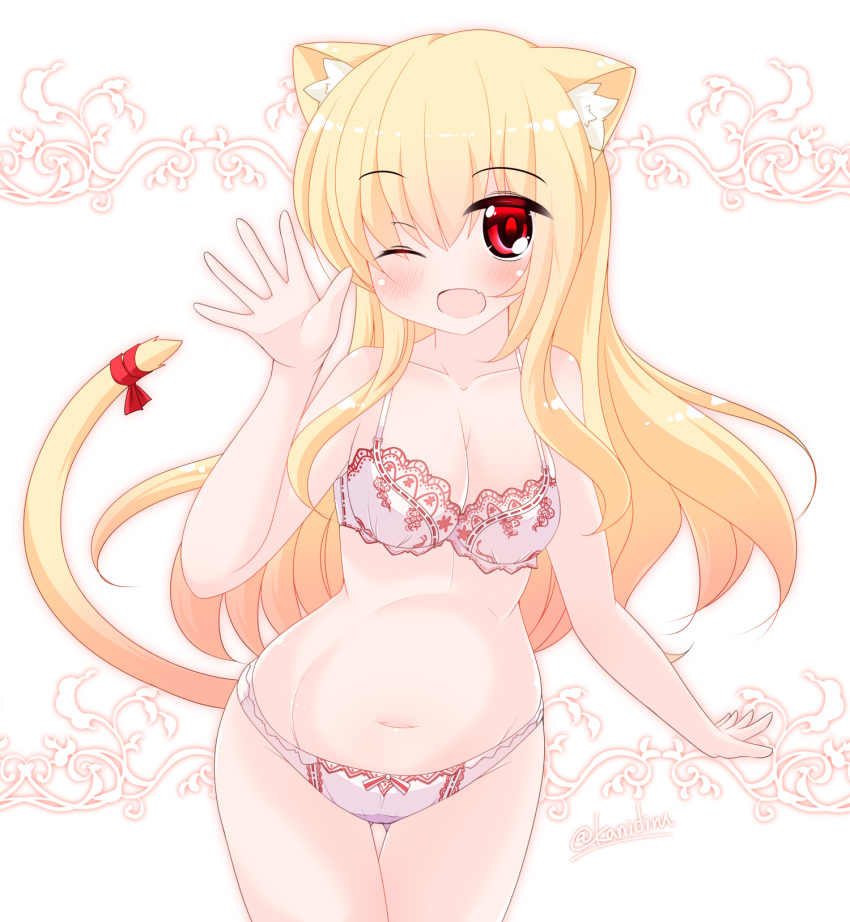 1girl ;d animal_ear_fluff animal_ears ass_visible_through_thighs bangs bare_arms bare_shoulders blonde_hair blush bra breasts cat_ears cat_girl cat_tail cleavage collarbone commentary_request eyebrows_visible_through_hair fang ground_vehicle hair_between_eyes highres kanijiru long_hair looking_at_viewer medium_breasts navel one_eye_closed open_mouth original panties pink_bra pink_panties red_eyes red_ribbon ribbon smile solo tail tail_raised tail_ribbon thigh_gap twitter_username underwear underwear_only very_long_hair white_background