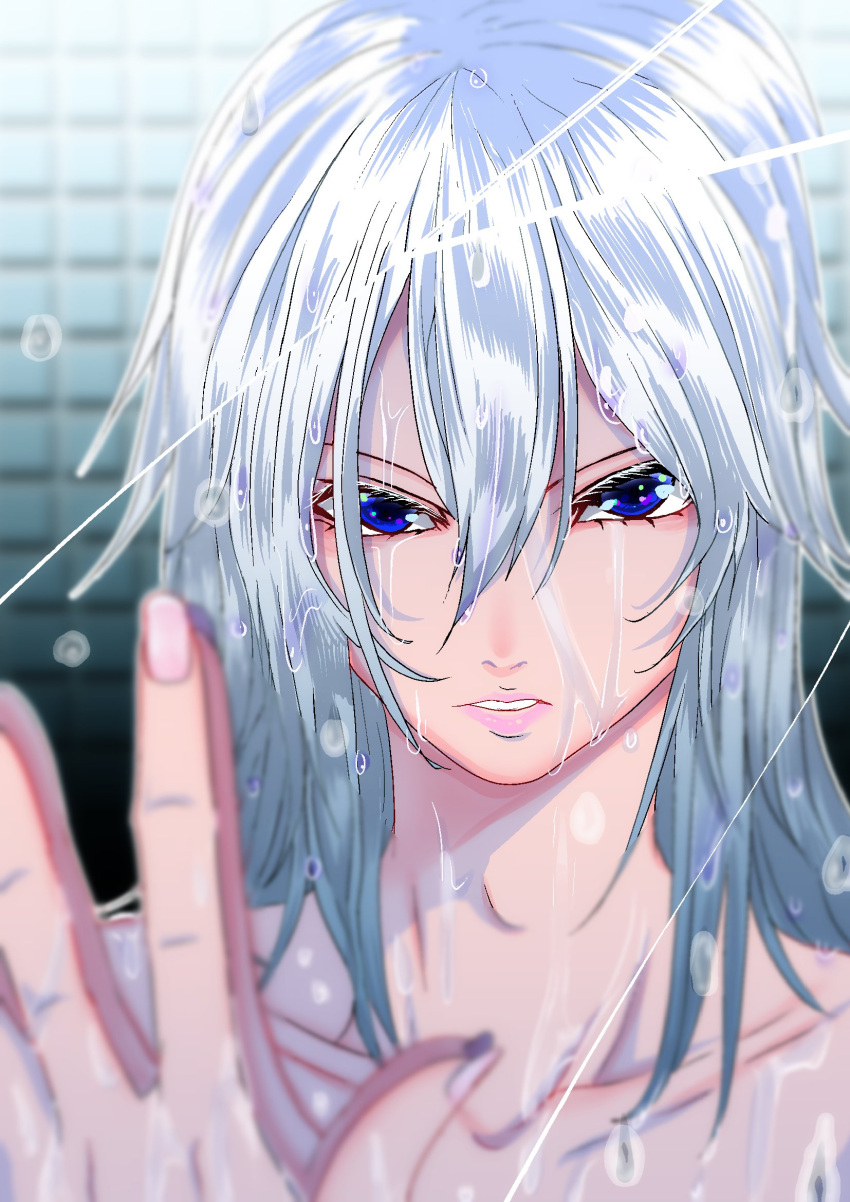 1girl bare_shoulders blue_eyes collarbone commentary_request crack eyebrows_behind_hair face fingernails hair_between_eyes hand_on_mirror highres izayoi_sakuya lips long_hair looking_at_viewer mirror naonakamura parted_lips reflection silver_hair solo teeth touhou upper_body water_drop wet